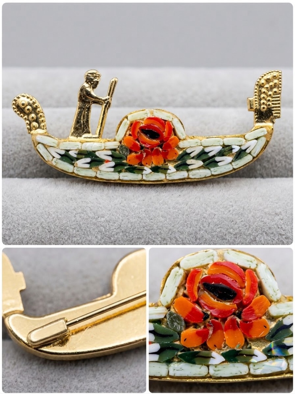 Vintage Micro Mosaic Gondola Brooch Pin Venetian Floral